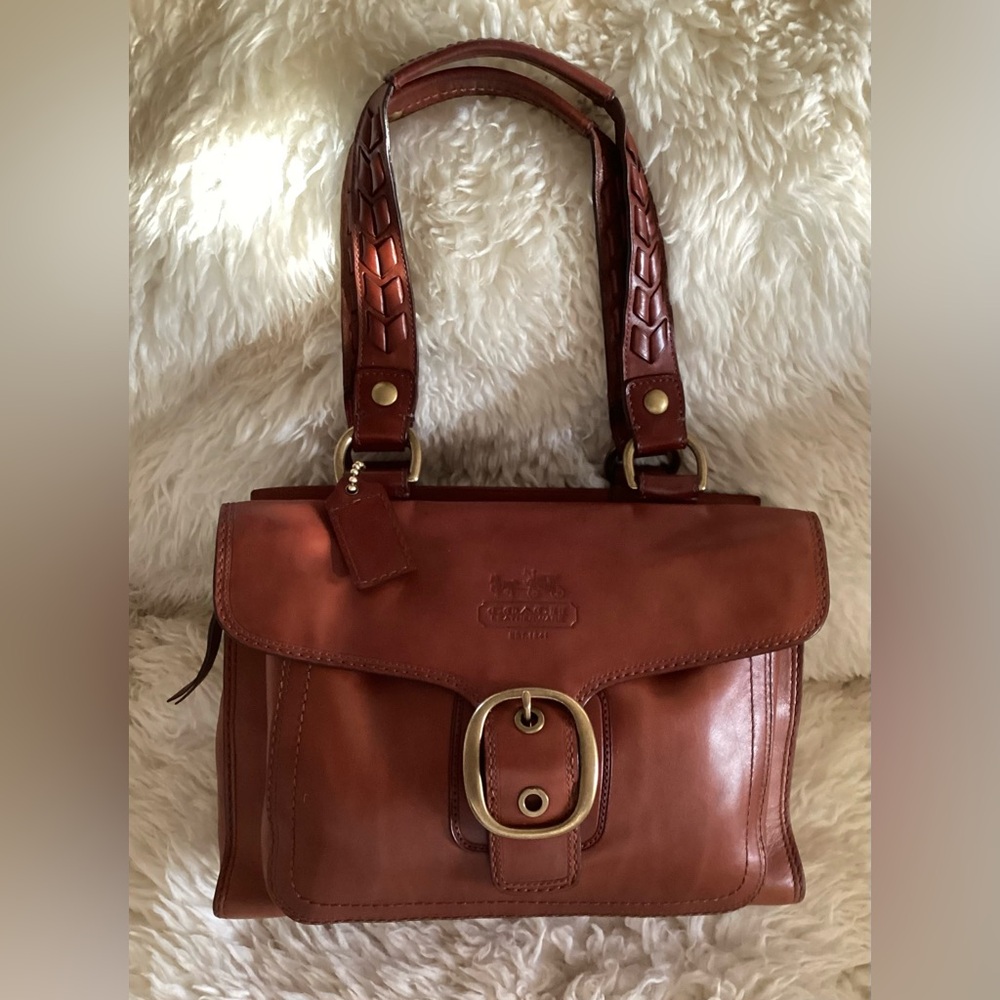 Coach Bleecker Tattersall Burnished
Vachetta leather shoulder tote bag
